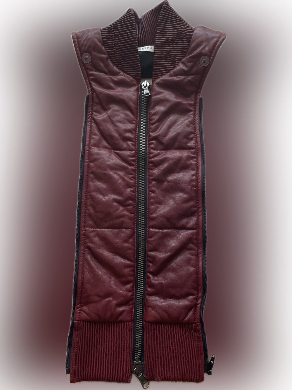 Veronica Beard Wine Lamb Leather Zip Dickey with Ribbed Trim